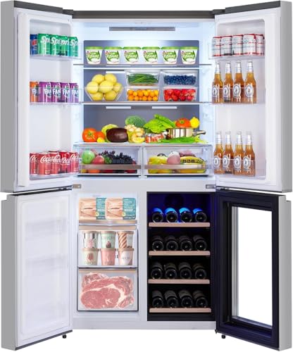 21 Cu. Ft French Door Counter Depth Stainless Steel Refrigerators with 4 Doors, Bottom Freezer, Interior Led Light, and Wine Cooler – Perfect for Kitchen, Office