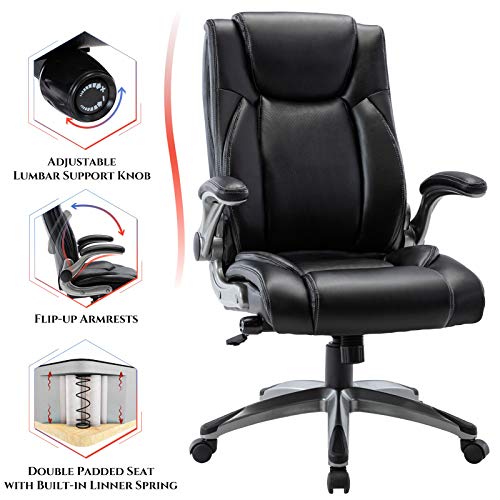 Image of COLAMY Ergonomic Office Chair, High Back Leather Desk Chair with Adjustable Lumbar Knob, Thick Cushion Seat, Flip-up Armrests, Rocking Function, Computer Chair for Home Office, Black