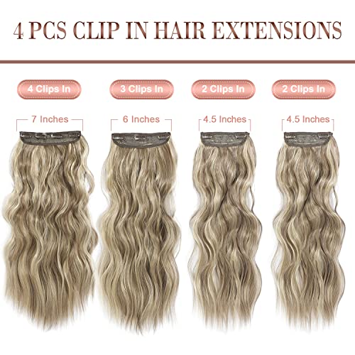 Fine Plus Clip in Hair Extensions 4Pcs Thick Full Head Light Ash Blonde with Lowlights 20Inch Hair Extensions Clip in Curly Wavy Synthetic Hair Extension - Image 3