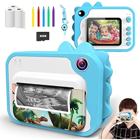 Uleway Instant Print Camera for Kids, 1080P Digital Video Recorder, Portable Creative Toy Gifts for 3-12 Year Old Boys Girls, Zero Ink Kids Camera with Print Paper, 32GB SD Card, Color Pens (Blue) Cover