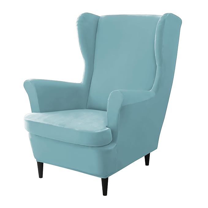 HOKIPO 210 GSM Premium Velvet Wingback Chair Slipcover Stretchable, Sky Blue (AR-4761-SBLU)