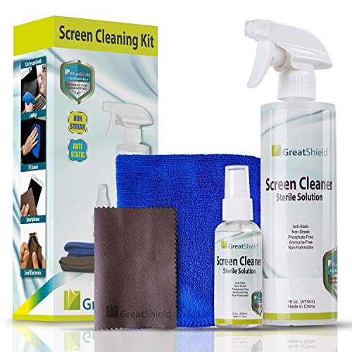 GreatShield Universal Screen Cleaning Kit, Large Blue Microfiber Cloth + Small Brown Microfiber Screen Cleaning Cloth + (2oz + 16oz) Non-Streak Solution Spray for TV, Laptops, PC Monitors, Smartphones