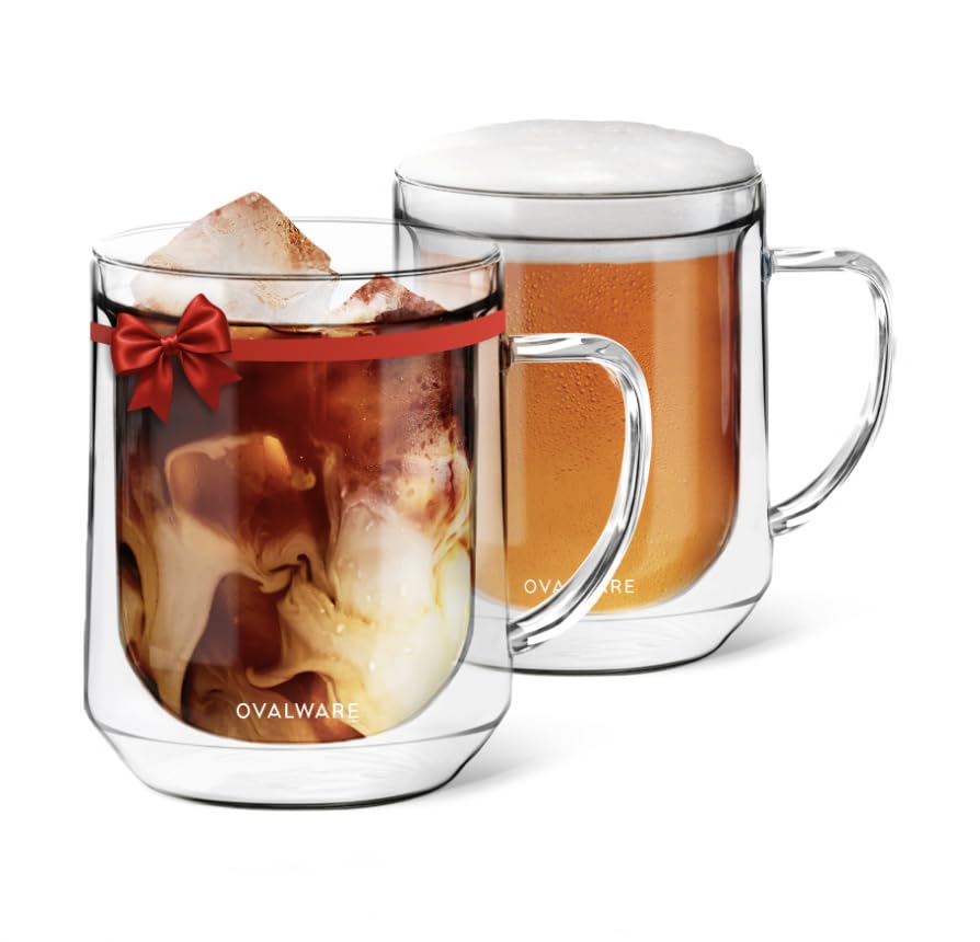 ovalware 500ml Double Wall Glass Coffee Mugs, Single Lip Mugs Made of Durable Borosilicate Glass, Insulated Coffee Mug with Handle for Hot and Cold Drinks - Clear