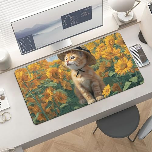 Image of Cat Sunflower Extended Gaming Mouse Pad, with Stitched Edges Large Mouse Pad Desk Protector, Rubber Base Mousepad Keyboard Mouses Mat for Work Game Office Home- 32 inch X 16 inch Inch