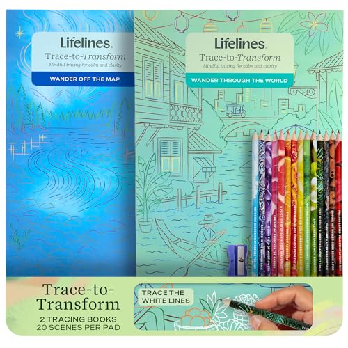 Lifelines Scented Colored Pencils & Tracing Coloring Book Set Trace to Transform - Includes 14 Scented Colored Pencils 2 Tracing Activity Pads & Pencil Sharpener - Meditative Tracing Set for Drawing