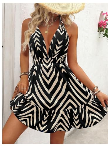 Image of SweatyRocks Women's Printed Tie Backless Mini Dresses Ruffle A Line Sleeveless Low Cut Halter Dress