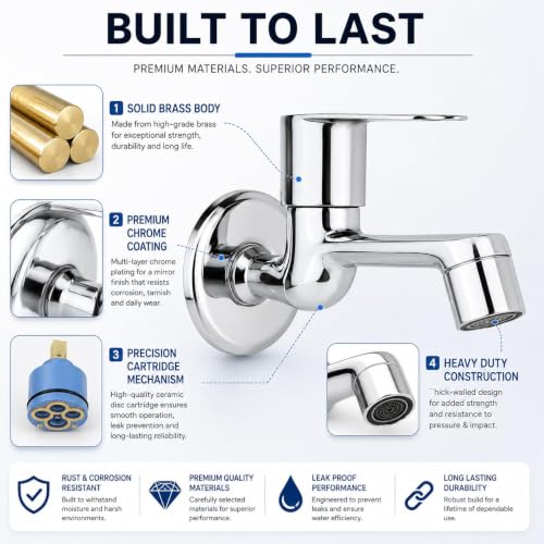 Image of Furiq Bath F-Series Brass Long Body Bib Cock Tap for Bathroom & Kitchen | Chrome Plated Wall Mounted Faucet | Quarter Turn Handle | Rust Proof & Leak Resistant | 1 /2 Inch BSP Thread