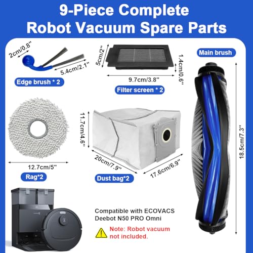 Image of HASTHIP 9Pcs Set Replacement Parts Compatible with ECOVACS Deebot N50 PRO Omni, Complete Robot Vacuum Spare Parts Set with Main Roller Brush, HEPA Filters, Side Brushes, Dust Bags, Washable Mop Pads