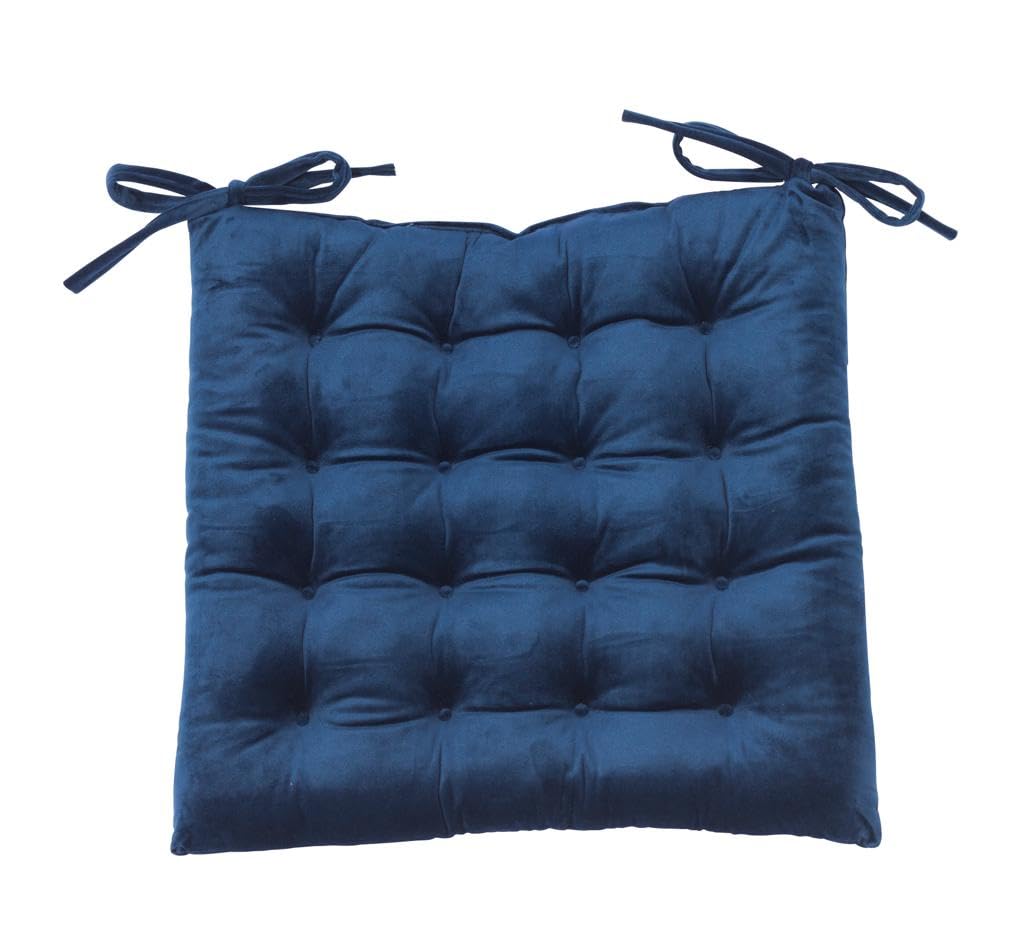 PRIME LINENS Velvet Chair Seat Pads with Ties Strap 16 Stitch Ultra Soft Comfortable Seat Pad Adjustable Seat Cushions for Kitchen Dinning Living Room (Pack Of 6, Dark Blue)