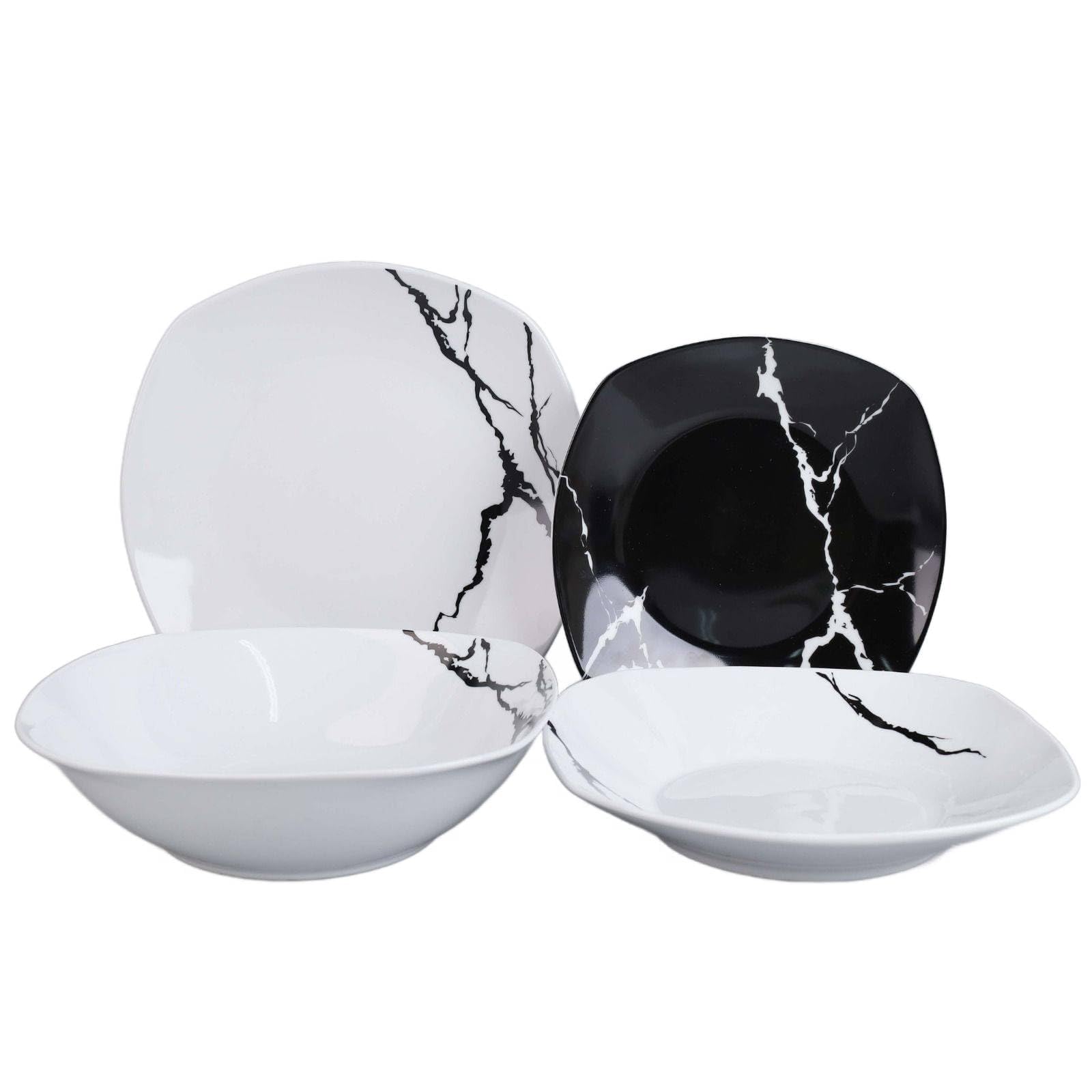 Servizio Piatti 19 Pezzi Per 6 Persone | Resistente Porcellana Bianca e Nera Design Moderno Marmorizzato Elegante Raffinato | Uso Quotidiano, Occasioni Speciali, Lavabile in Lavastoviglie