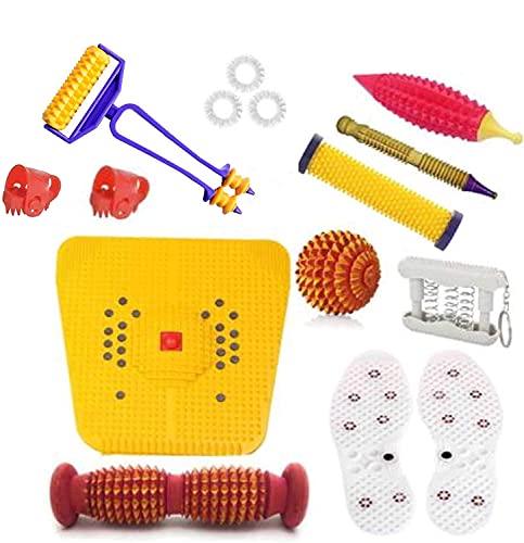 Ishika accessories Massager Tools Combo Kit with Multipurpose Roller Massager Pyramidal cuts Bio-Magnetic Power Foot Mat Magneto-Therapy for Stress and Pain Relief yoga mat finger massager