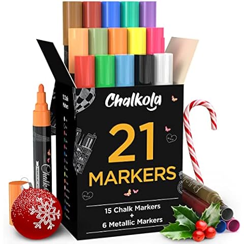 Chalk Pens & Metallic Colours (Pack of 21) Neon Chalk Markers - Erasable Dry Erase Marker Pens for Blackboards, Chalkboard, Window, Glass | 6mm Reversible Bullet & Chisel Tip Cover