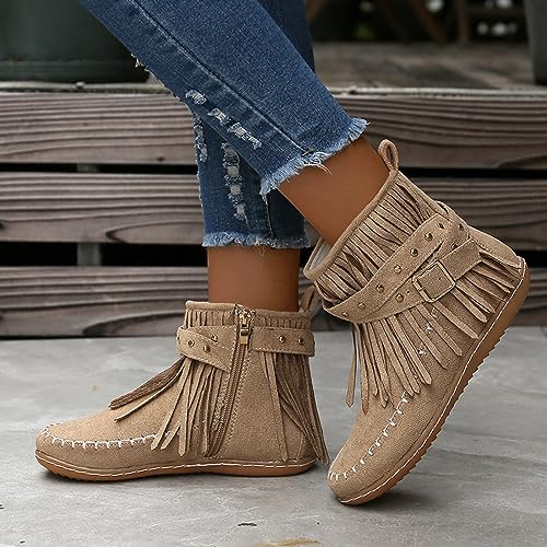 Women's Western Cowboy Boots, Fringe Faux Suede Boots Retro Round Toe Fringe Buckle Strap Ankle Boot Low Heel Rome Flat Shoes Tassel Knight Booties Shoes3