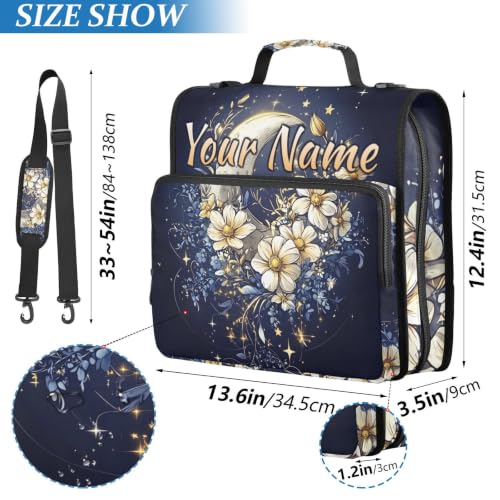 Image of Custom 3 Ring Zipper Binder Astrology Moon Flower Personalized Name 1.5 Inch Binders Large Capacity Multi Pockets for School Office Supplies