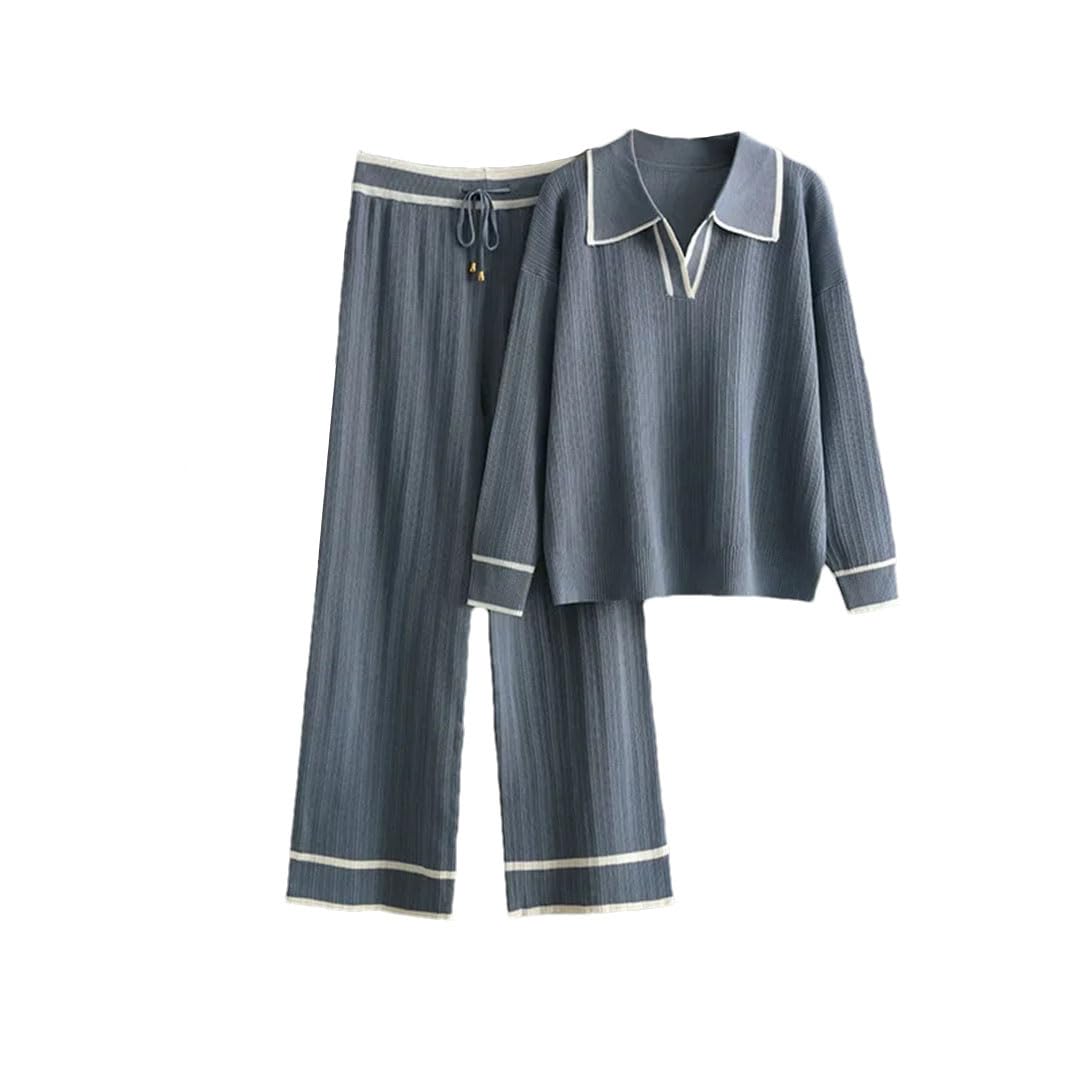 Ensemble deux pièces pour femme avec pull contrasté taille haute et pantalon en tricot fin