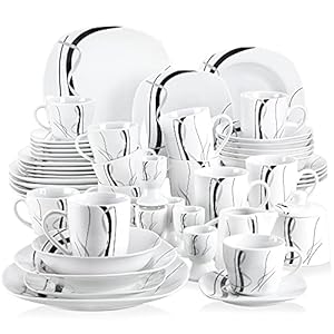 VEWEET, Series Fiona, Dinnerware Sets for 6, 50-Piece Porcelain Dish Set, Including Dinner Plates and Bowls, Mugs, Egg Cups, Cup and Saucer Set, Milk Jug Sugar Pot, Microwave Dishwasher Safe