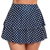 Picture of Halcurt Women's High Waisted Double Ruffle Swim Skirt with Shorts Tummy Control Swimsuit Bottoms Navy Polka Dot S