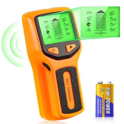 5 in 1 Stud Finder, Poledy Stud Detector - Precisely Locates the Center and Edge of Studs, Wall Scanner with Audio Alarm & Deep Scan Sensor for Wood, Metal Studs, Live AC Wires, Pipes & Joists