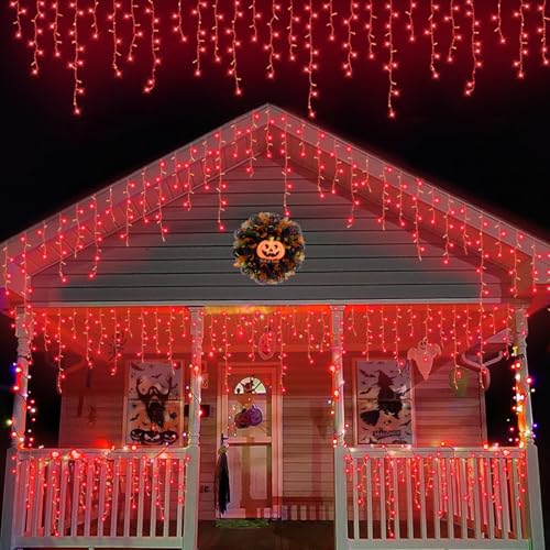 QITONG Red Halloween Lights 33ft 400 LED Icicle Light for Outside with 8 Modes Clear Wire Connectable Christmas String Lights Indoor Outdoor Plug in