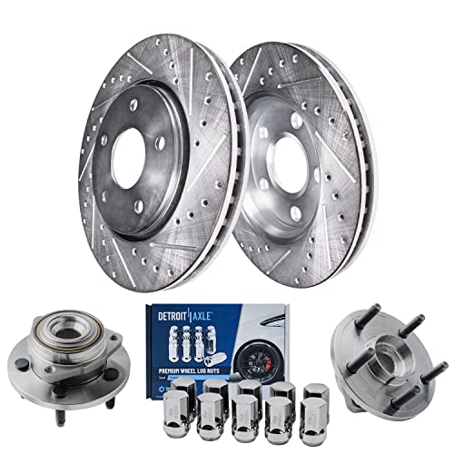 Image of Detroit Axle - Front Drilled & Slotted Rotors + Wheel Hub Bearings + 10pc | Wheel Lug Nuts Replacement for Mitsubishi Raider Dodge Dakota - 14pc Set