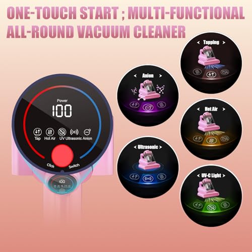 Image of Teant Mattress Bed Vacuum Cleaner, 16 kPa Suction & 253.7nm UV-C, MV-Pink | 2-Speed Mattress Vacuum with 33000 RPM Tapping, UV-C, Ultrasonic, 149℉ Heat, Anion, HEPA, Deep Clean for Bed and Pet Hair