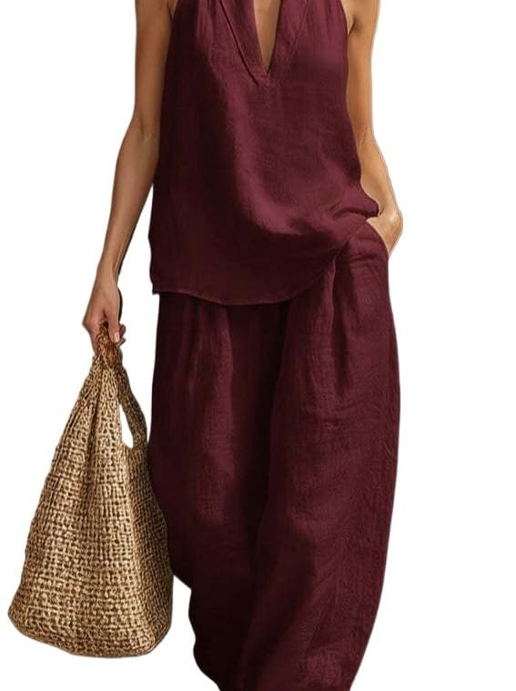 Conjuntos de 2 Piezas de algodón y Lino for Mujer, Tops, Pantalones de Pierna Ancha, Trajes de Verano, chándales(Rojo,S)