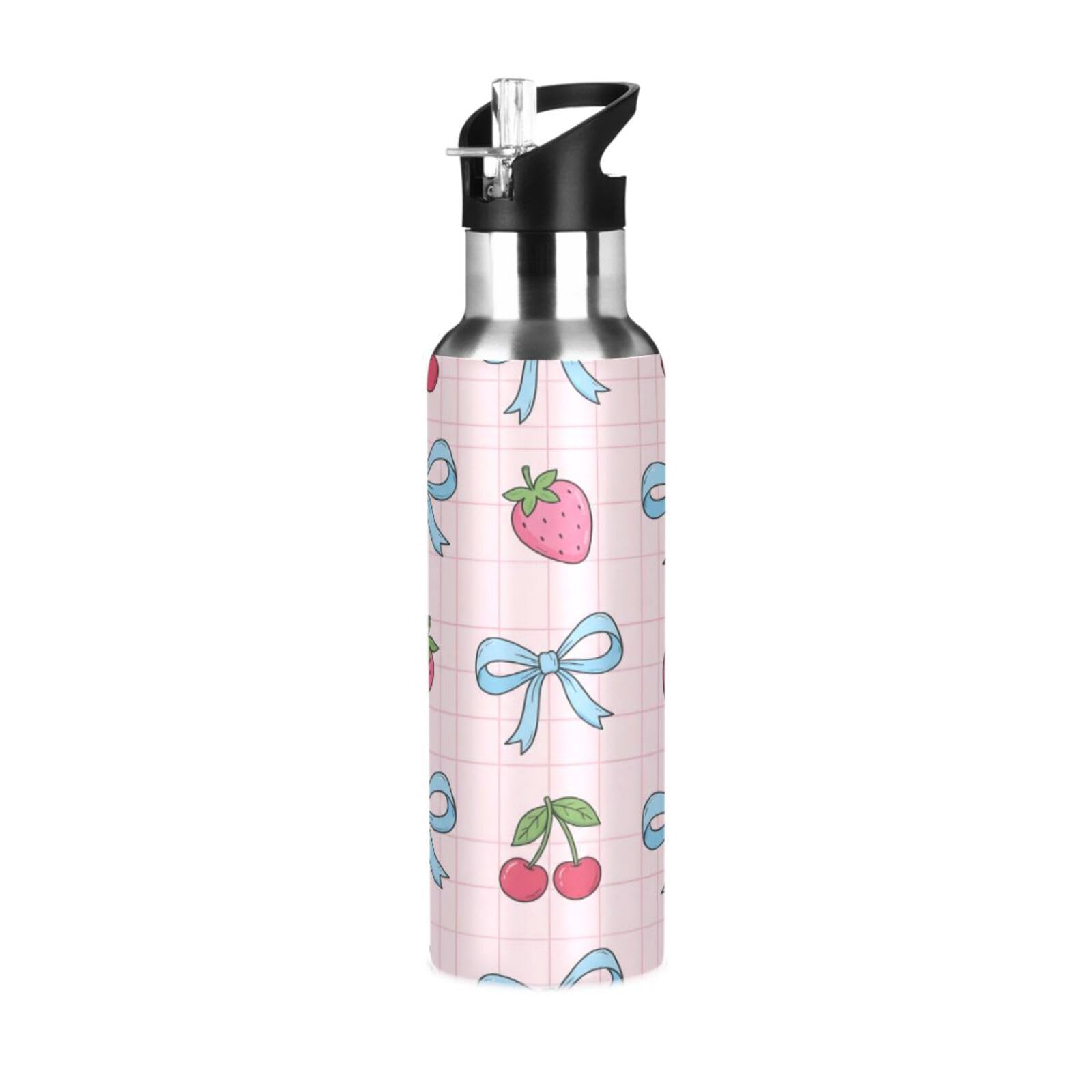 BOESI Cherry Strawberry Pattern Insulated Water Bottle 600ml, Stainless Steel Vacuum Sports Bottle with Straw, Leak Proof Thermal Bottle for Gym Travel Outdoor