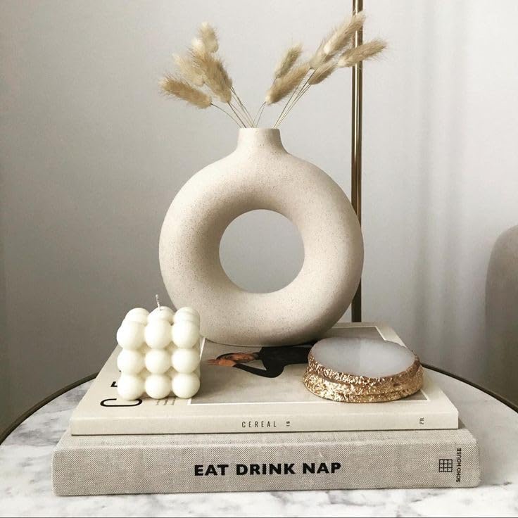 Image of 6 & 8 inch Inch White Ruf Ring 1 Pcs Ceramic Vase for Dinning Table| Vases for Home Dcor, Living Room Vase, Antique Home Dcor Vase, Living Room Flower Vase, Donut Vase (Only Vase)