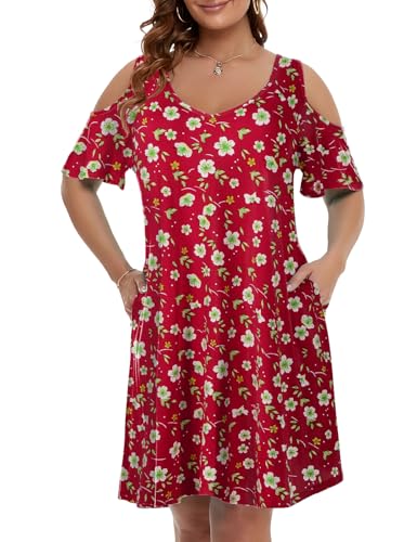 Image of JollieLovin Womens Plus Size Short Sleeve Cold Shoulder V Neck T-Shirt Dress with Pockets