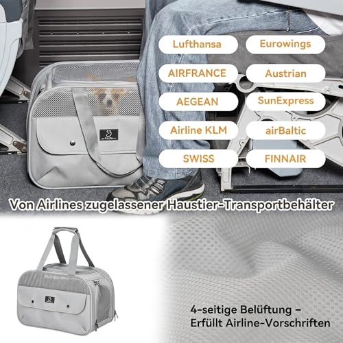 A 4 PET Transportbox Katze, Hundetasche Flugzeug für Kabine/Auto, Leicht Hunde Flugtasche mit patentieren Sicherheit Schnallen/4 Mesh/Aufbewahrungstasche, Grau