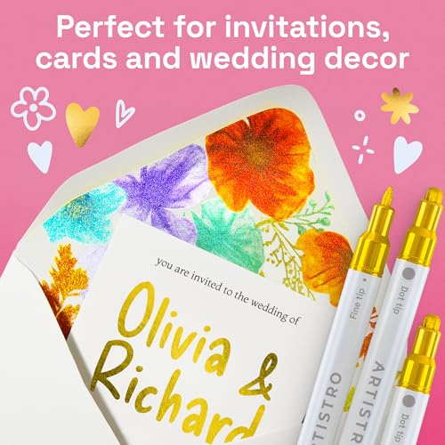 Image of ARTISTRO 5 Gold Acrylic Paint Markers for Rock, Fabric, Wood, Glass, Eggs - Dual-Tip Paint Pens for Coloring Books for Adults, Teens, Kids - Art & Craft Supplies - Gift Idea - Easter Basket Stuffers