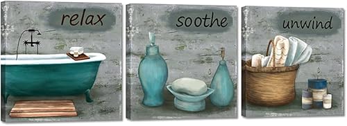 DuoBaorom Arte de pared de baño, color verde azulado, para bañera, letreros relajantes, decoración de baño, 12 x 12 pulgadas, 3 piezas