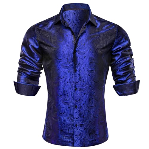 Barry.Wang Men Dress Shirt Silk Luxury Paisley Floral Long Sleeve Big and Tall Wedding Party Casual Business Formal Shirts Blue S-3XL