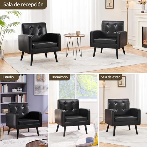 Yaheetech Butaca de Salón Sillón Lectura Tapizada en PU con Respaldo Alto y Patas de Madera de Caucho Sillón Relax Moderno para Salón Dormitorio o Balcón Carga 136 kg Negro