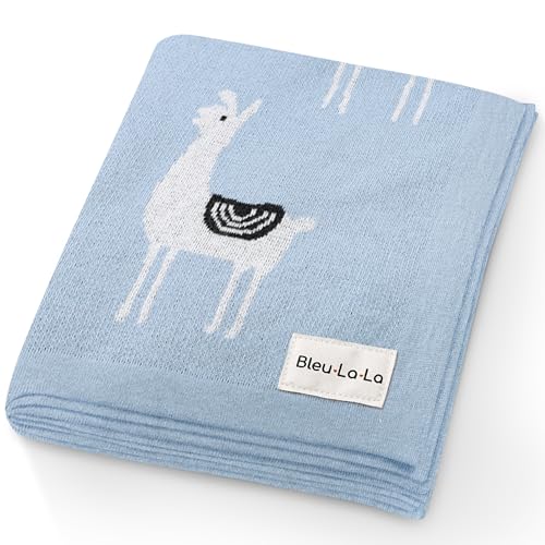 Image of Baby Receiving Swaddle Stroller Blanket - 100% Fine Loomed Cotton Cozy Cuddle Crib Stroller Unisex Quilt Knit Blanket for Newborns Infants Toddler Boys and Girls (Llama - Baby Blue)