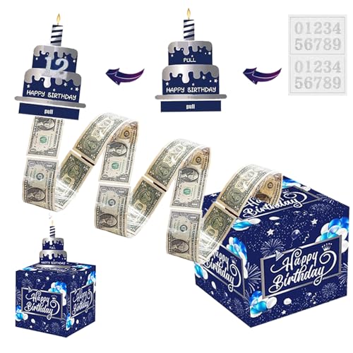Birthday Box for Cash Gift, Money Roll Gift for Cake Pull Out Kit with Cards Money as Money Bouquet, Surprise Birthday Money Pull Box Explosion for All Age Group with Instruction Book (Deep bule)