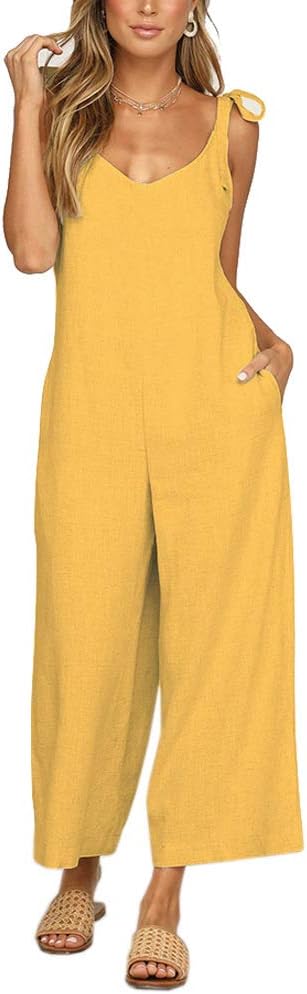 Dungarees for Women Jumpsuit Cotton Overalls for Women UK Wide Leg Dungarees with Pockets Adjustable Straps Womens Baggy Romper Casual Fashion Solid Sleeveless Suspender Pant (A:Yellow,L)