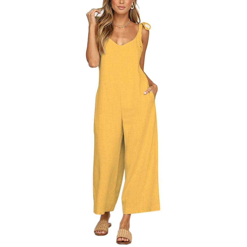 Dungarees for Women Jumpsuit Cotton Overalls for Women UK Wide Leg Dungarees with Pockets Adjustable Straps Womens Baggy Romper Casual Fashion Solid Sleeveless Suspender Pant (A:Yellow,L)