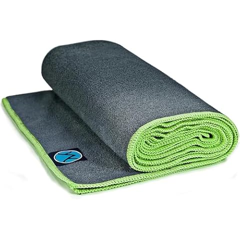 Youphoria Yoga Microfiber Towel Non-Slip Yoga Mat Towel - Hot Yoga Towel for Sweat & Grip... (Gray Towel/Green Stitching) Cover