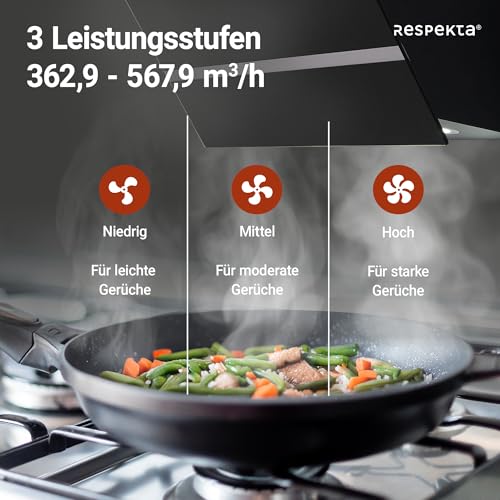 Respekta Dunstabzugshaube kopffrei / Dunstabzugshaube schräg 60 cm / Metallgehäuse mit Glasschirm in Schwarz / Abluft - und Umluftfunktion / CH24060SAM / A / 54 – 67,5 dB