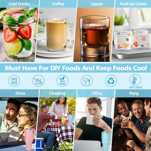YLYYCC Ice Cube Mold for 40 30 20 oz Stanley Tumbler Cup Accessories, BPA Free Freezer Silicone Ice Molds With Lid for Drink Coffee Juice Whiskey Cocktail, Blue Ice Ring Tray + Stainless Steel Tray - Thumbnail 6