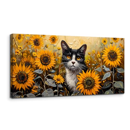 SERIMINO Large Wall Art for Living Room, Sunflower Cat Modern Home Decor Canvas Prints, Flower Field Landscape Pictures Wall Decor, Cute Animal Dining Room Bathroom Office Decor Paintings 30"X60"