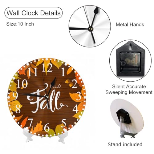 Keepsuper CLOCK668 Hello Fall Wall Clock Autumn Leaves Birch Maple Rowanberry Bright Clock 10 Inch Silent Non-Ticking Clocks Battery Operated thumb #2