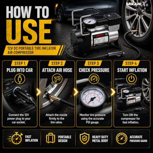 Image of MIKANIX Heavy Duty Portable Inflator Air Pump Compressor with 150psi Pressure Gauge | 12V DC | Universal for Car | Bike Cycle Tyre