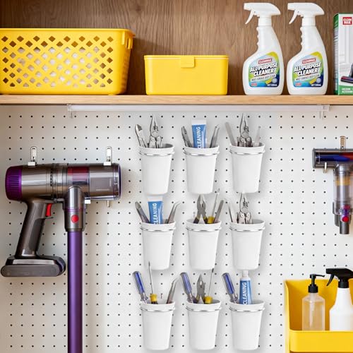 Image of Pegboard Cups With Loops, 9 Pack White Peg Board Pencil Holder Organizer | 1 /8 inch 1 /4 inch Pegboard Accessories, Plastic Hanging Organizer Cups, Tool Organizer Set for Garage Craft Workshop Hobby Storage