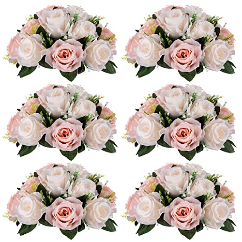 Image of NUPTIO Flower Balls for Wedding Centrepieces - 6 Pcs 9.5in Diameter Artificial Flower Ball Arrangement Bouquet Peachy Pink & Creamy White Fake Rose Flowers Party Centerpieces for Weddings Tables