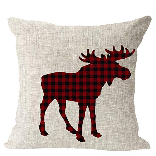 Set Of 4, Red And Black Plaid Car Tree Snowflake Animal Moose Merry Christmas Winter Cotton Linen Square Throw Waist Pillow Case Decorative Cushion Cover Pillowcase Sofa 18"X 18" #TOP3