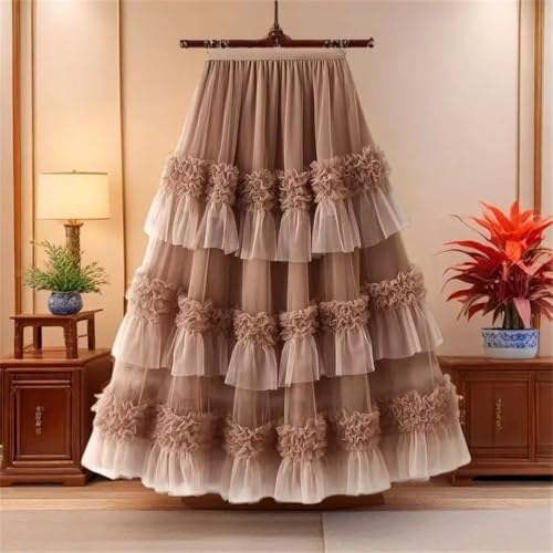 Women Summer Y2k Elastic High Waist Heavy Industry Long Cake Mesh Skirt Stitching Flower Lace Skirt2