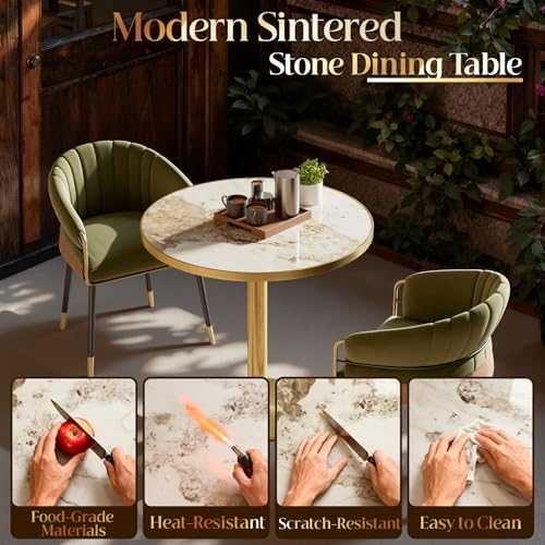 Image of 63 inch Tulip Table, Small Round Dining Table with 1.2 inch Thick Sintered Stone Tabletop and Golden Metal Pedestal Base, Bistro Table for Diner, Bar, Restaurant, kitchen, Bakery, Apartment (Marble Gray)