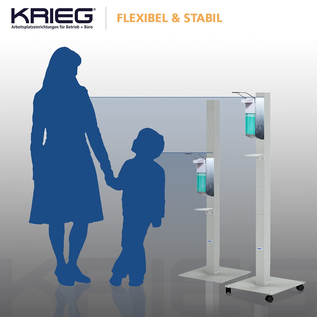 KRIEG Desinfektionsmittelständer mit Auffangteller stehend I Silber I Hygienestation freistehend & mobil I Hygienesäule mit Desinfektionsmittel I 1000 ml - 333 Sprühstöße I Ready to go